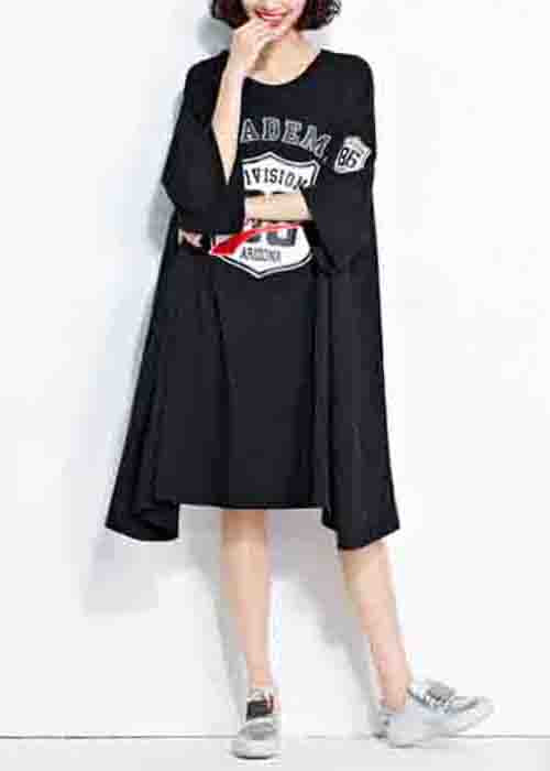 Plus Size Black O Neck Print Patchwork Cotton Mid Dress Summer