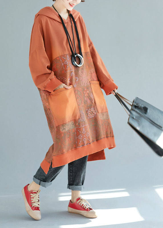 Art Orange Hooded Patchwork Cotton Dresses Spring