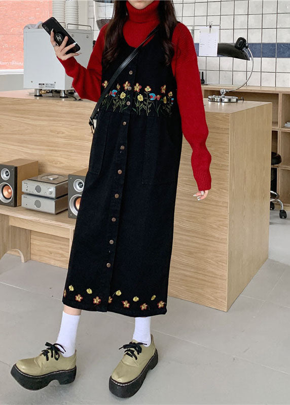 Vintage Black Slash Neck Embroideried Patchwork Button Denim Maxi Dress Sleeveless