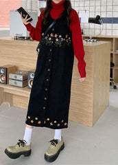 Vintage Black Slash Neck Embroideried Patchwork Button Denim Maxi Dress Sleeveless