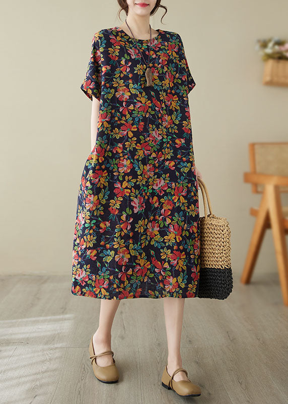Unique Blue O-Neck Print Maxi Dresses Short Sleeve