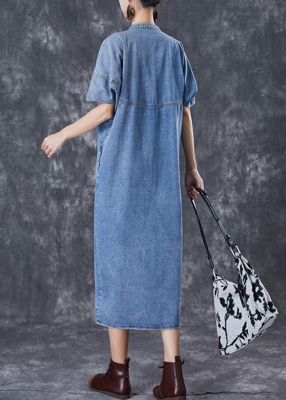 Women Denim Blue Oversized Patchwork Cotton Long Dress Fall