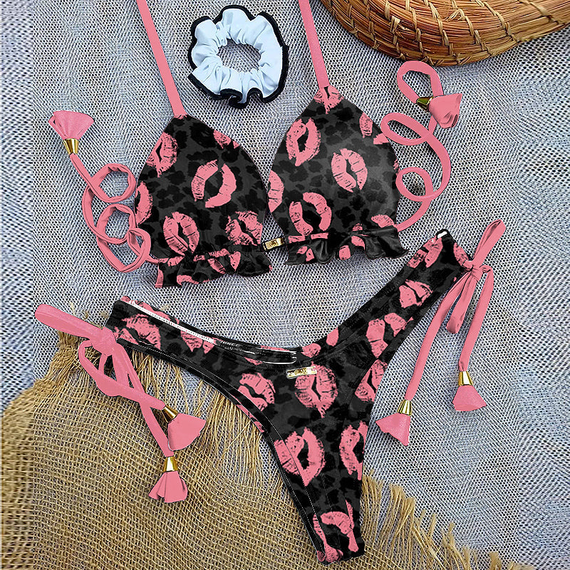 Fashion Lip Print Split Sling Bikini