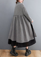 Black Plaid Button side open Cotton Dresses shirts Spring