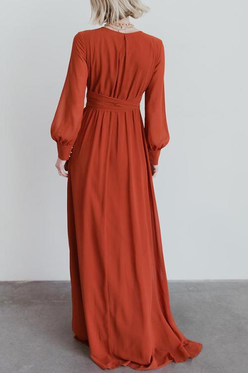 Button Puff Sleeve Belted Maxi Dress