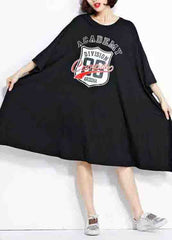 Plus Size Black O Neck Print Patchwork Cotton Mid Dress Summer