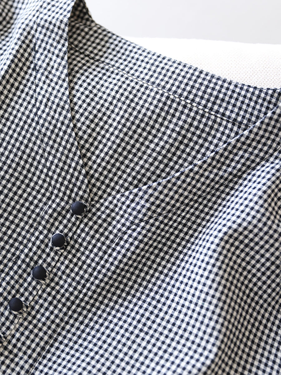 Women Summer Casual Plaid Button Pocket Pleat Loose Dress