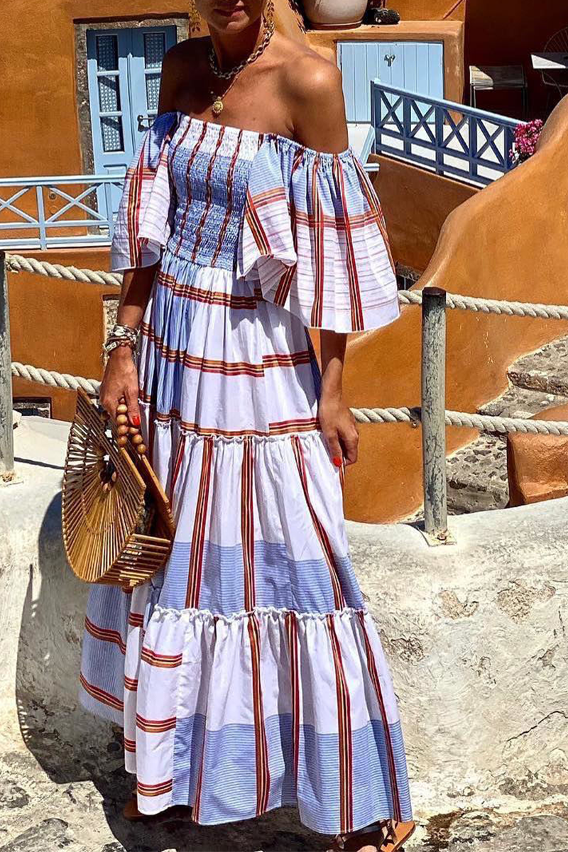 Fashion Print Patchwork Off the Shoulder Cake  Dresses(3 Colors)