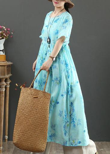 100% o neck Cinched linen summer dresses design blue print Dresses