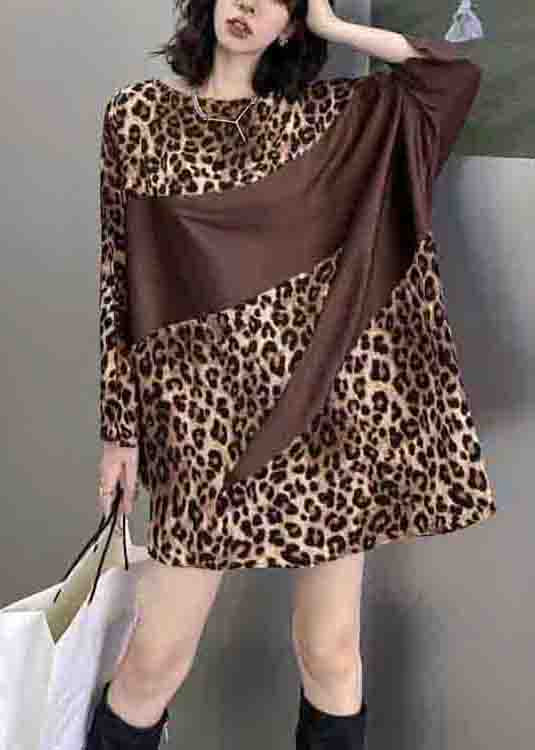 French Leopard O Neck Print Patchwork Cotton Mid Dress Batwing Sleeve