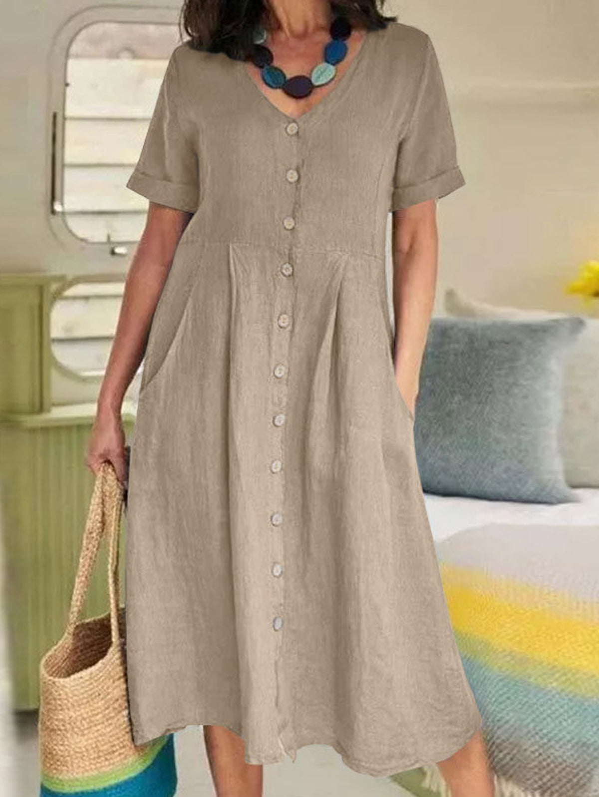 Solid V Neck Loose High Waist Cotton Dress
