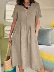 Solid V Neck Loose High Waist Cotton Dress