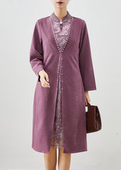 Bohemian Purple Embroideried Patchwork Silk Fake Two Piece Dress Fall