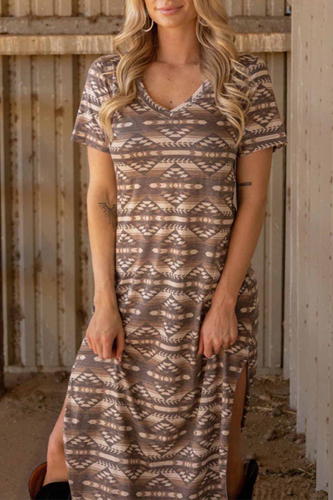 Western Printed Short Sleeve Slit Dress