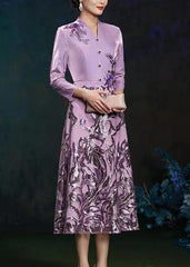 French Purple V Neck Embroideried Patchwork Silk Long Dresses Fall