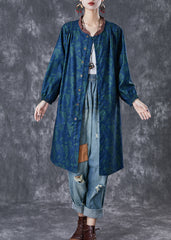 Art Green Ruffled Print Linen Shirt Dresses Fall