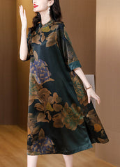 Vintage Stand Collar Print Button Silk Long Dress Fall