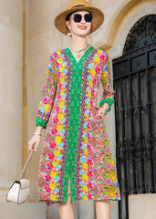Sexy V Neck Print Pockets Silk Dress Long Sleeve