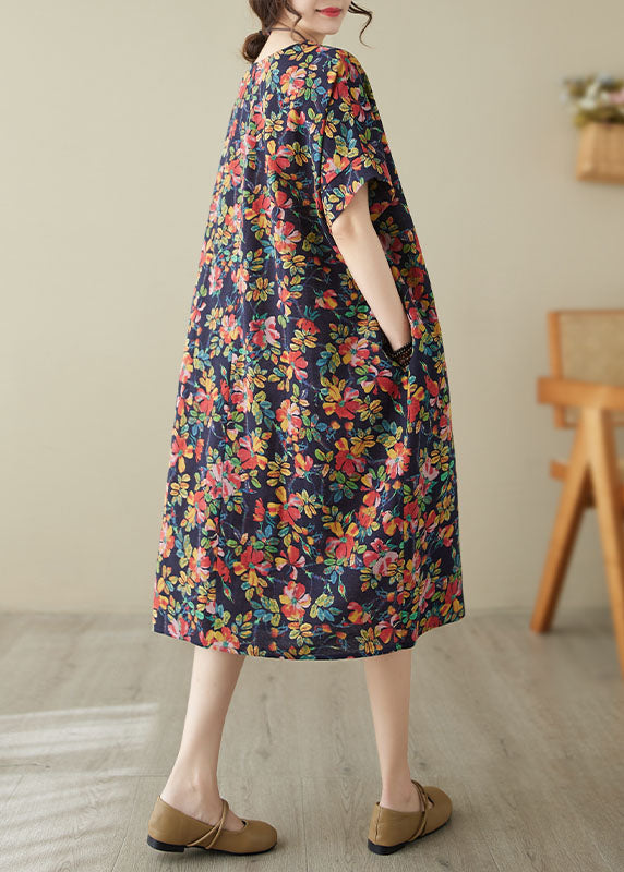 Unique Blue O-Neck Print Maxi Dresses Short Sleeve