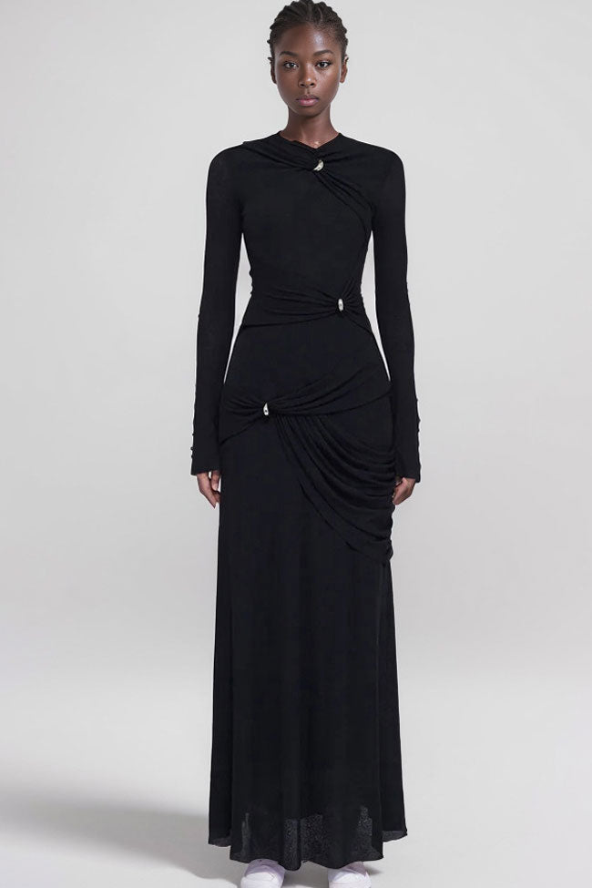 Graceful Metallic Knot Ruched Detail Jersey Evening Maxi Dress - Black