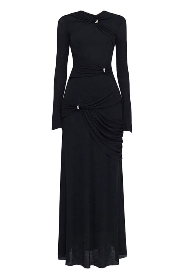 Graceful Metallic Knot Ruched Detail Jersey Evening Maxi Dress - Black