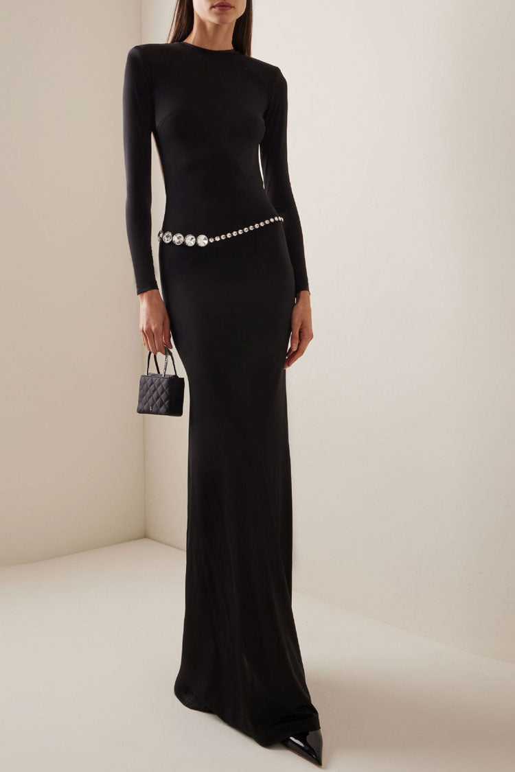 Sexy Backless Crew Neck Long Sleeve Crystal Belt Evening Maxi Dress - Black