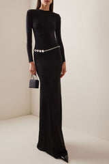 Sexy Backless Crew Neck Long Sleeve Crystal Belt Evening Maxi Dress - Black