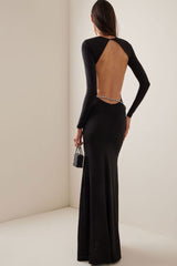 Sexy Backless Crew Neck Long Sleeve Crystal Belt Evening Maxi Dress - Black