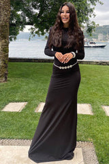 Sexy Backless Crew Neck Long Sleeve Crystal Belt Evening Maxi Dress - Black