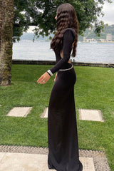 Sexy Backless Crew Neck Long Sleeve Crystal Belt Evening Maxi Dress - Black