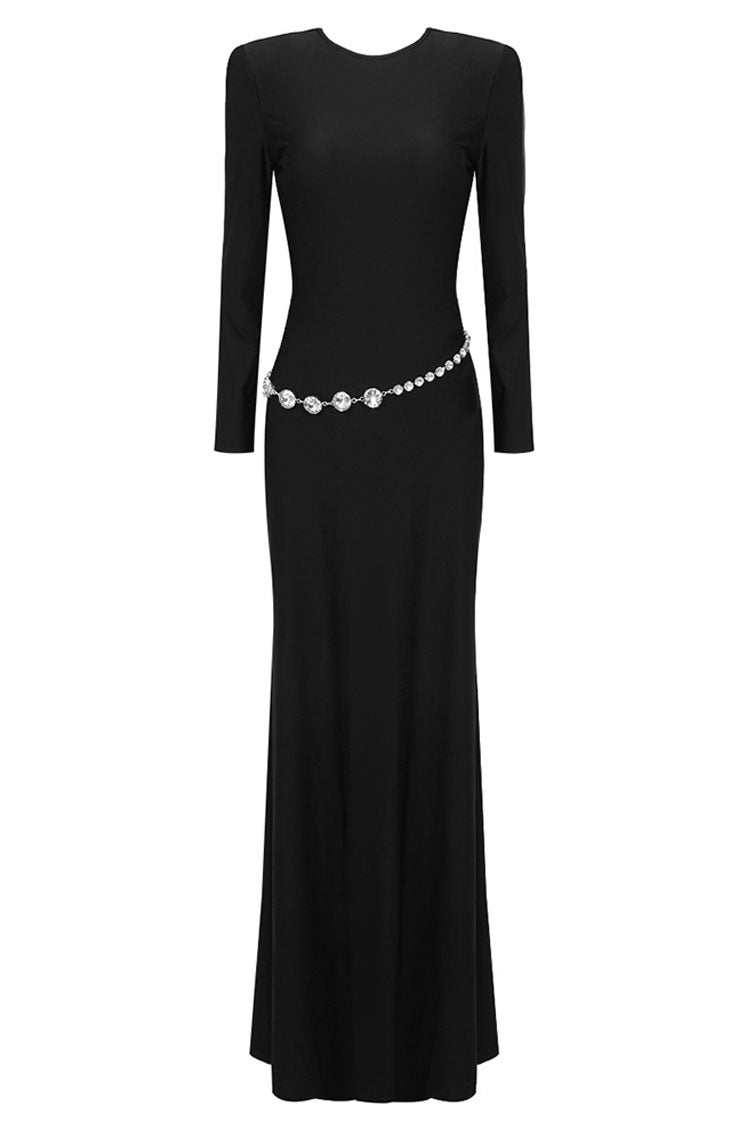 Sexy Backless Crew Neck Long Sleeve Crystal Belt Evening Maxi Dress - Black