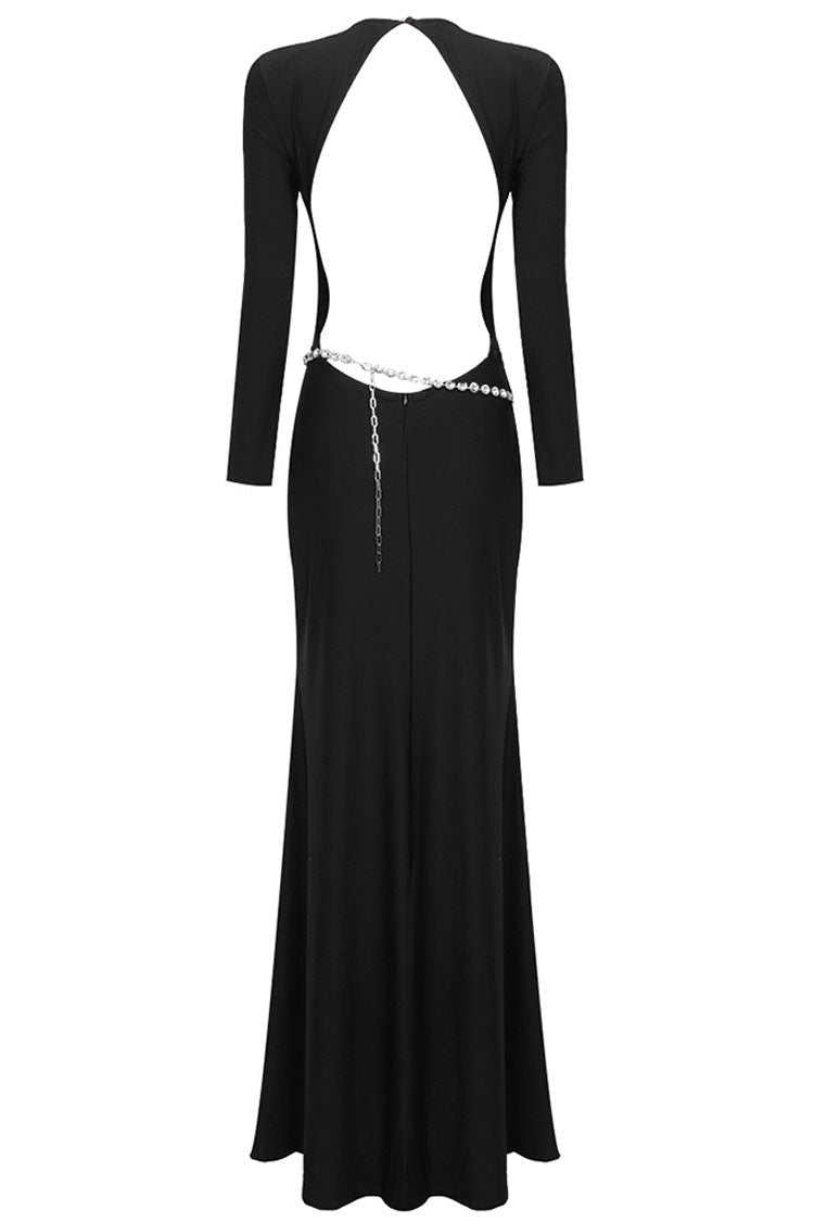 Sexy Backless Crew Neck Long Sleeve Crystal Belt Evening Maxi Dress - Black