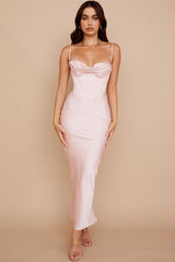Silky Satin Bustier Spaghetti Strap Corset Formal Maxi Dress - Pink