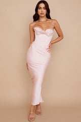 Silky Satin Bustier Spaghetti Strap Corset Formal Maxi Dress - Pink
