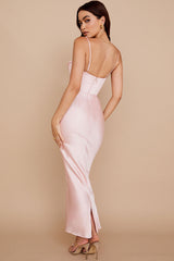 Silky Satin Bustier Spaghetti Strap Corset Formal Maxi Dress - Pink