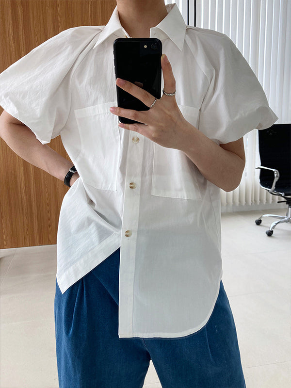 Retro Lapel Solid Color Loose Short Sleeve Shirt