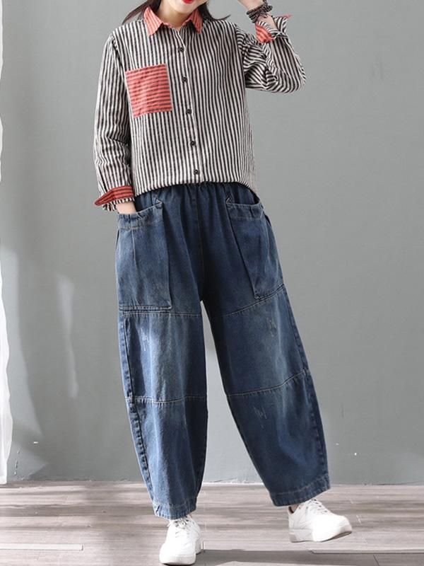 Loose Vintage Splicing Jean Wide-Leg Pants