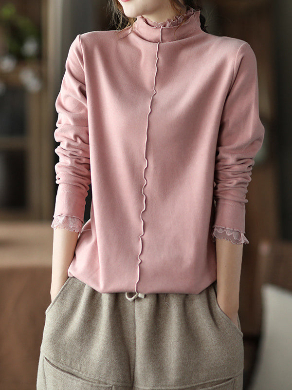 Lace Split-Joint Solid Long Sleeves T-Shirt