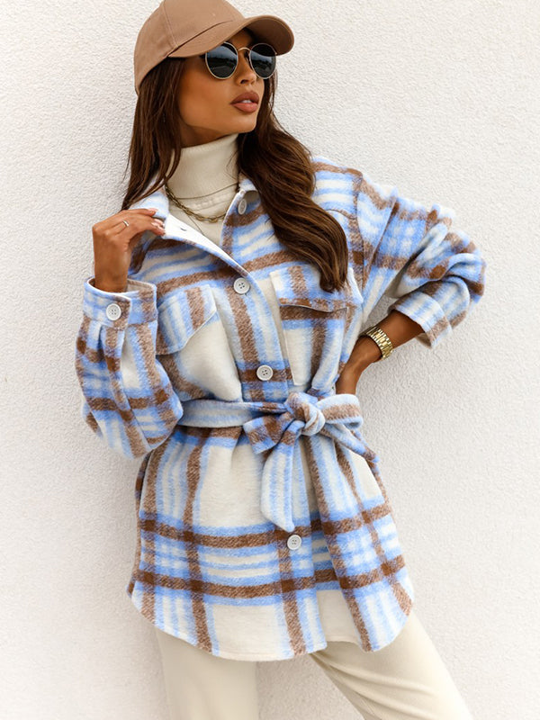 Casual Plaid Long Sleeve Thicken Shirt With Belt