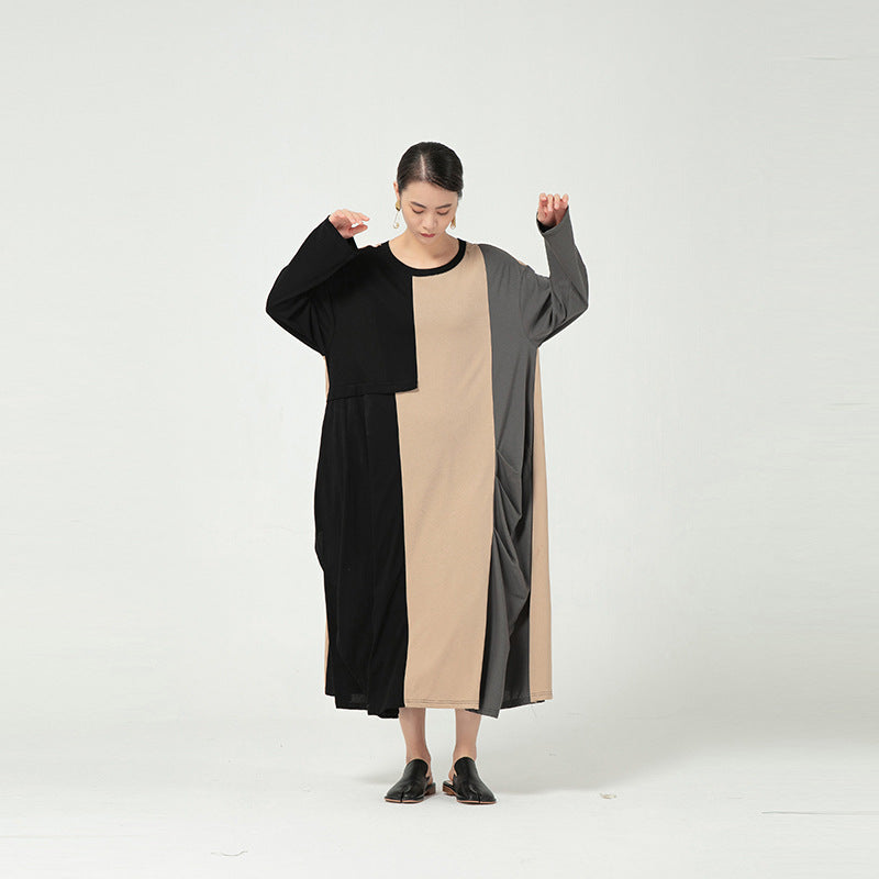 Loose Contrasting Irregular Stitching Knitted Midi Dress