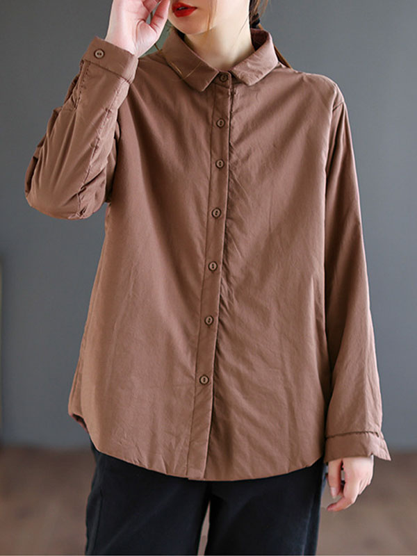 Retro Solid Color Lapel Collar Cotton Shirt