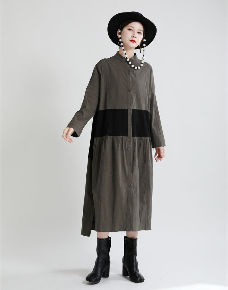 Stitching Contrast Color Loose Big Swing Long Sleeve Dress