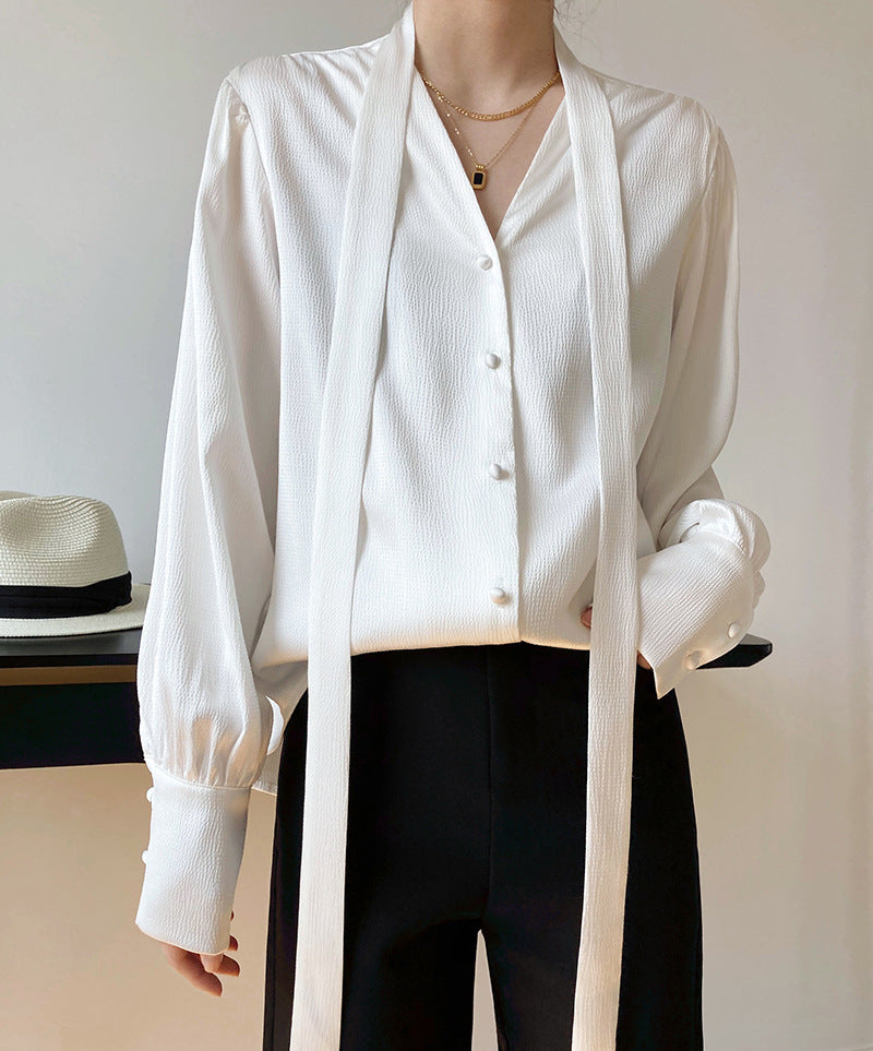 V-Neck Loose Gloss Solid Color Tie Shirt