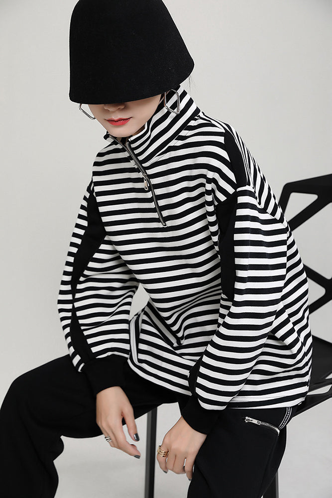 Striped High Neck Long Sleeve Top