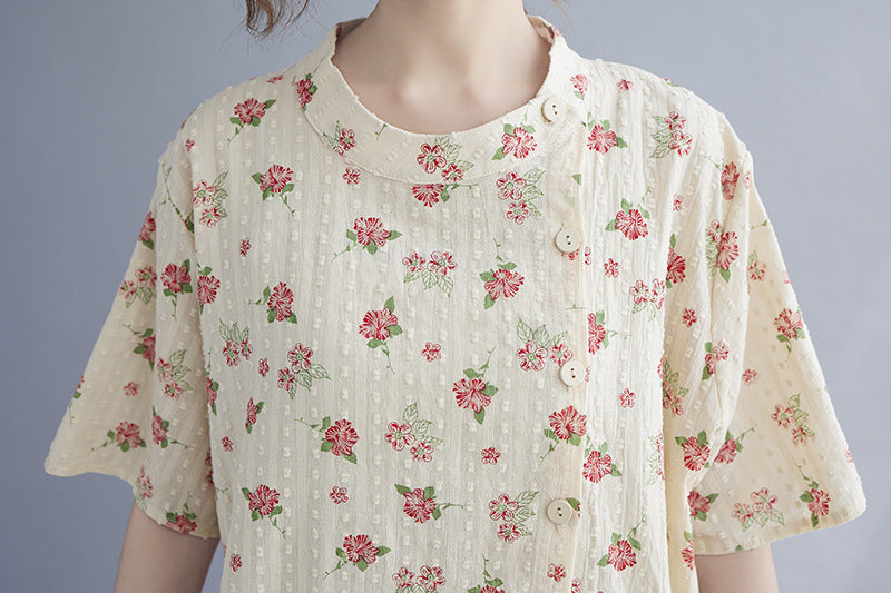 Floral Print Stand Collar Casual T-Shirt