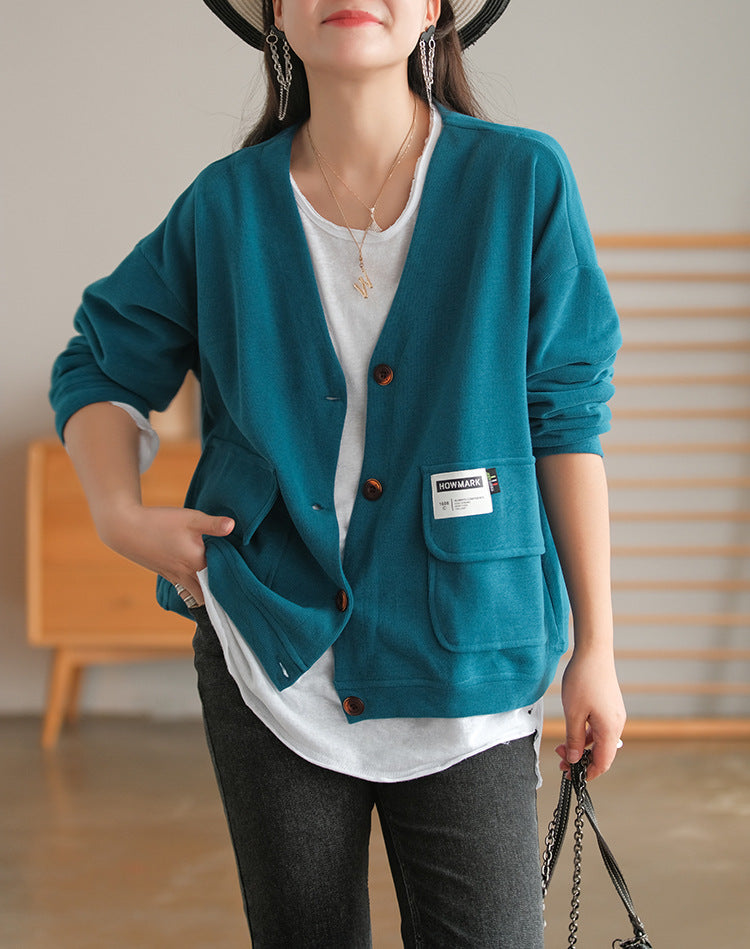 Soft And Comfortable Patch Loose V-Neck Solid Color Outwear