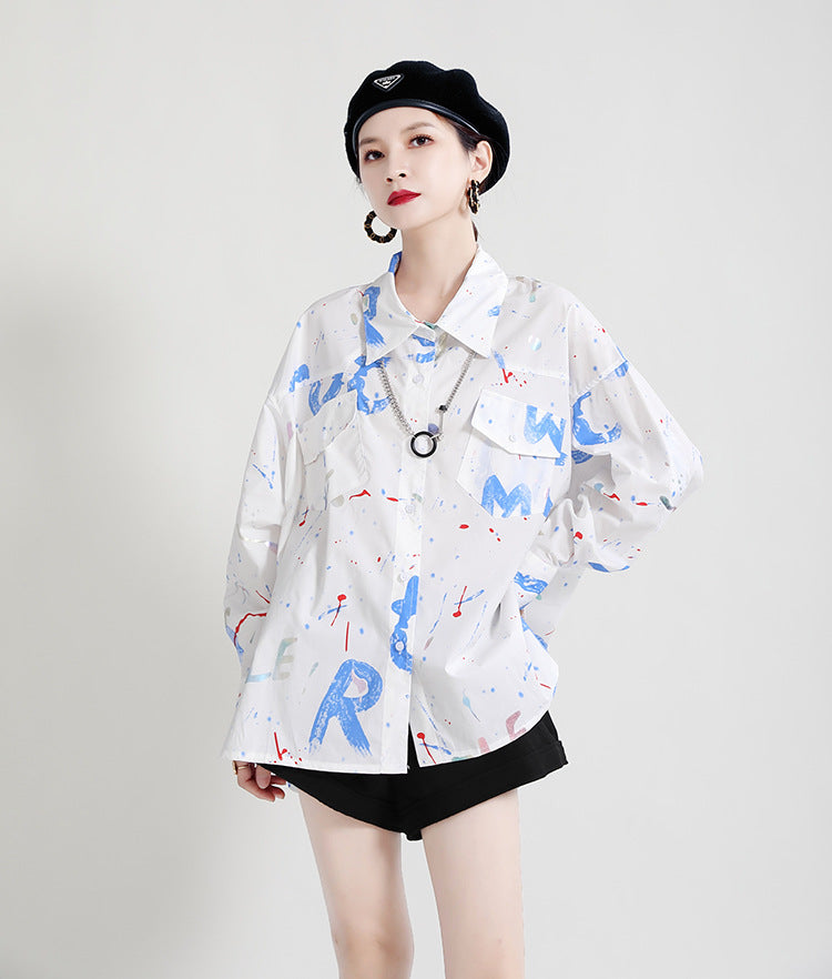 Women Lapel Printed Casual Loose Shirt