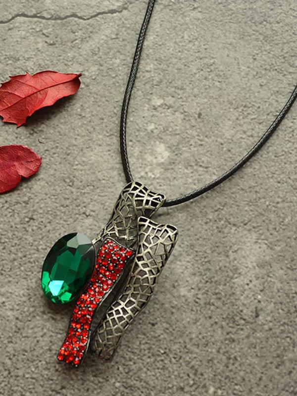 Vintage Ethnic Style Geometric Imitation Bright Drill Pendant Long Necklace