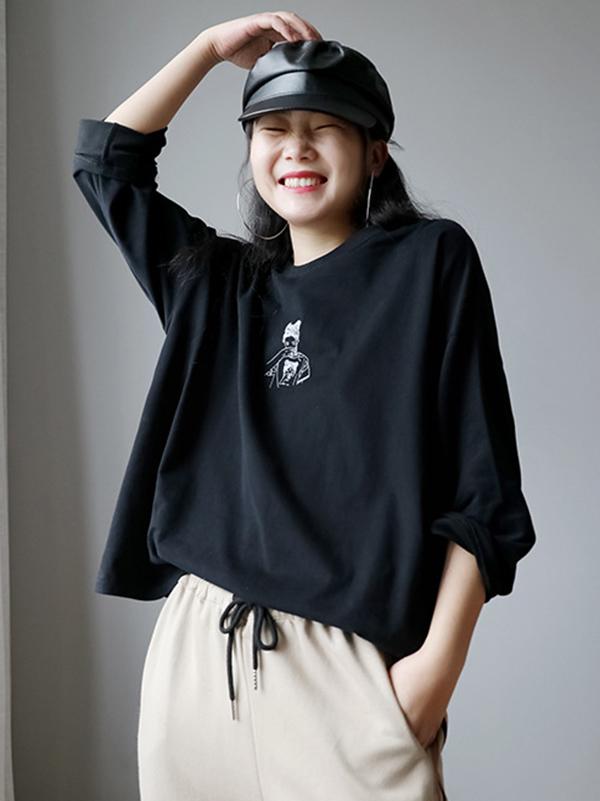 Loose Casual Printed Long Sleeve Round Neck T-Shirt