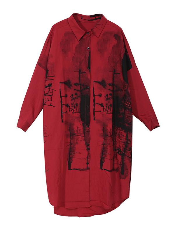 Vintage Print Loose Midi Shirt Dress